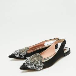 Pre Owned Rochas Black Satin Embellished Flat Slingback Sandals Size 37.5