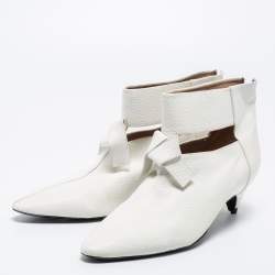 Rochas White Leather Kitten Heel Booties Size 37 
