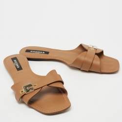 Rochas Tan Leather Flat Slides Size 41