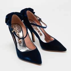 Rochas Navy Blue Velvet Bow Ankle Strap Pointed Toe Pumps Size 40