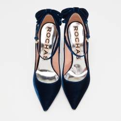 Rochas Navy Blue Velvet Bow Ankle Strap Pointed Toe Pumps Size 40