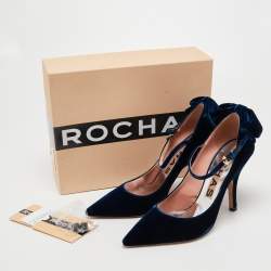 Rochas Navy Blue Velvet Bow Ankle Strap Pointed Toe Pumps Size 40
