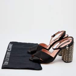 Rochas Black Satin Cross Strap Crystal Embellished Block Heel Ankle Strap Sandals Size 37