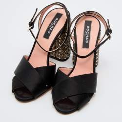Rochas Black Satin Cross Strap Crystal Embellished Block Heel Ankle Strap Sandals Size 37