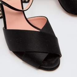 Rochas Black Satin Cross Strap Crystal Embellished Block Heel Ankle Strap Sandals Size 37