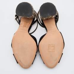 Rochas Black Satin Cross Strap Crystal Embellished Block Heel Ankle Strap Sandals Size 37