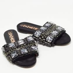 Rochas Black Crystal Embellished Suede Flat Slides Size 39