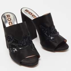 Rochas Black Satin Crystals Embellished Slide Sandals Size 41