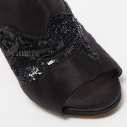 Rochas Black Satin Crystals Embellished Slide Sandals Size 41