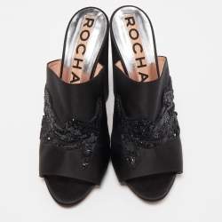 Rochas Black Satin Crystals Embellished Slide Sandals Size 41