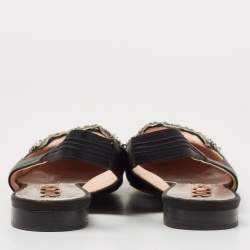 Pre Owned Rochas Black Satin Crystal Embellished Flat Slingback Sandals Size 36