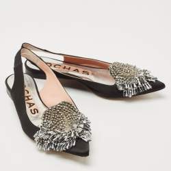 Pre Owned Rochas Black Satin Crystal Embellished Flat Slingback Sandals Size 36