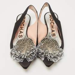 Pre Owned Rochas Black Satin Crystal Embellished Flat Slingback Sandals Size 36