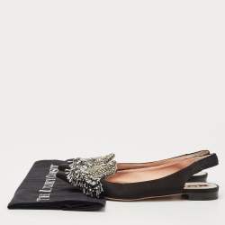 Pre Owned Rochas Black Satin Crystal Embellished Flat Slingback Sandals Size 36