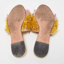 Rochas Multicolor Fabric and Suede Fringe Embellished Slide Flats Size 37 