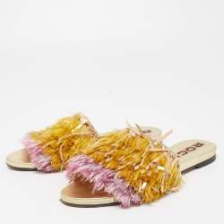 Rochas Multicolor Fabric and Suede Fringe Embellished Slide Flats Size 37 