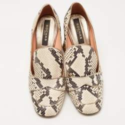 Rochas Beige/Brown Python Embossed Leather Glitter Heel Square Toe Pumps Size 40