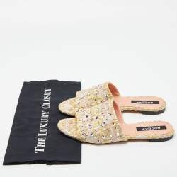 Pre Owned Rochas Tricolor Fabric Crystal Embellished Flat Slides Size 37.5