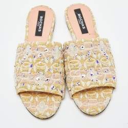 Pre Owned Rochas Tricolor Fabric Crystal Embellished Flat Slides Size 37.5