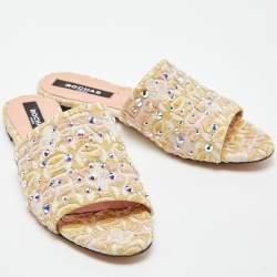 Pre Owned Rochas Tricolor Fabric Crystal Embellished Flat Slides Size 37.5