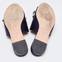 Rochas Navy Blue Satin Crystal Embellished Bow Slide Flats Size 36