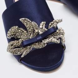 Rochas Navy Blue Satin Crystal Embellished Bow Slide Flats Size 36