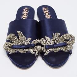 Rochas Navy Blue Satin Crystal Embellished Bow Slide Flats Size 36