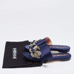 Rochas Navy Blue Satin Crystal Embellished Bow Slide Flats Size 36