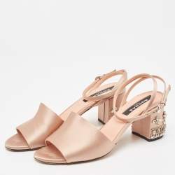 Rochas Pink Satin Crystal Embellished Block Heel Ankle Strap Sandals Size 38