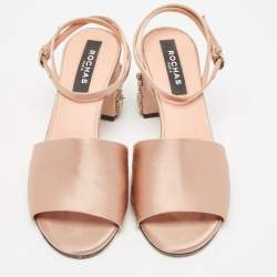 Rochas Pink Satin Crystal Embellished Block Heel Ankle Strap Sandals Size 38