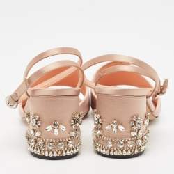 Rochas Pink Satin Crystal Embellished Block Heel Ankle Strap Sandals Size 38