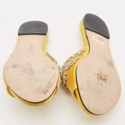 Rochas Yellow Satin Crystal Embellished Flat Slides Size 38
