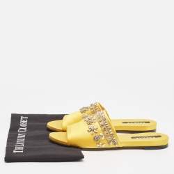 Rochas Yellow Satin Crystal Embellished Flat Slides Size 38