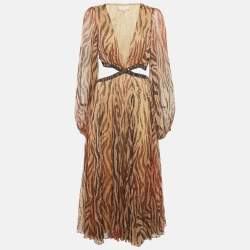 Pre Owned Rococo Sand Brown Animal Print Crepe Brocade Cut-Out Midi Dress M