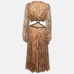 Pre Owned Rococo Sand Brown Animal Print Crepe Brocade Cut-Out Midi Dress M