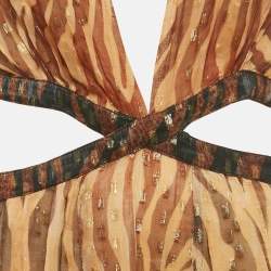 Pre Owned Rococo Sand Brown Animal Print Crepe Brocade Cut-Out Midi Dress M