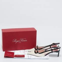 Pre Owned Roger Vivier Cream/Black Patent Leather Mini Buckle Slingback Pumps Size 39