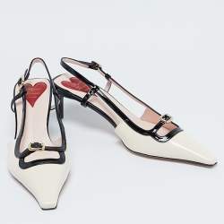 Pre Owned Roger Vivier Cream/Black Patent Leather Mini Buckle Slingback Pumps Size 39