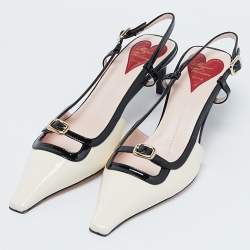 Pre Owned Roger Vivier Cream/Black Patent Leather Mini Buckle Slingback Pumps Size 39