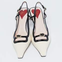 Pre Owned Roger Vivier Cream/Black Patent Leather Mini Buckle Slingback Pumps Size 39