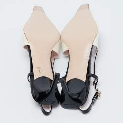 Pre Owned Roger Vivier Cream/Black Patent Leather Mini Buckle Slingback Pumps Size 39