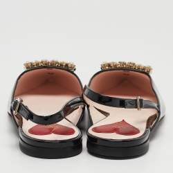 Pre Owned Roger Vivier Black Patent Leather Strass Buckle Slingback Flats Size 37