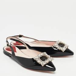 Pre Owned Roger Vivier Black Patent Leather Strass Buckle Slingback Flats Size 37