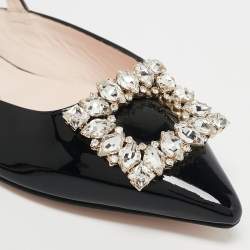 Pre Owned Roger Vivier Black Patent Leather Strass Buckle Slingback Flats Size 37