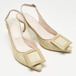 Pre Owned Roger Vivier Green Raffia And Leather Belle Vivier Slingback Pumps Size 38