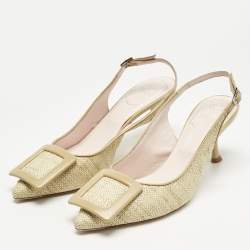 Pre Owned Roger Vivier Green Raffia And Leather Belle Vivier Slingback Pumps Size 38