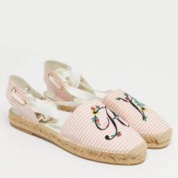 Pre Owned Roger Vivier Pink/White Stripe Fabric Ankle Wrap Espadrille Flats Size 40