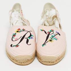 Pre Owned Roger Vivier Pink/White Stripe Fabric Ankle Wrap Espadrille Flats Size 40