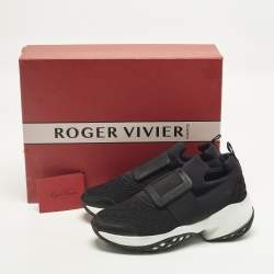 Pre Owned Roger Vivier Running Buckle Size 37.5 Black Fabric and Leather Slip On Sneakers