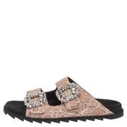 Pre Owned Roger Vivier Beige Lace Slidy Viv Strass Embellished Flat Slide Size 40